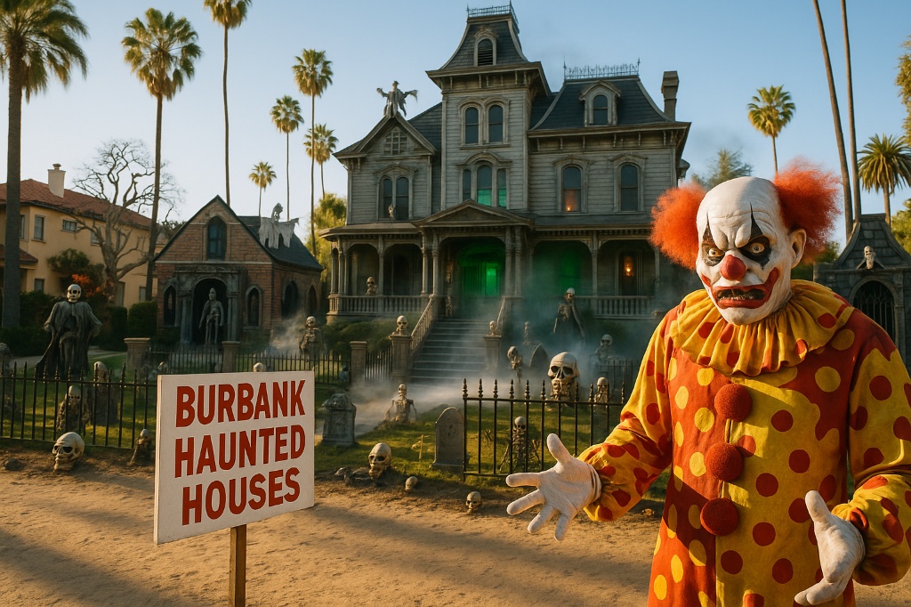 Top LA Neighborhoods for Halloween Displays Burbank neighborhood showcasing theatrical haunted houses and Halloween decorations including creepy clowns, haunted mansions, and elaborate spooky displays with Hollywood flair.