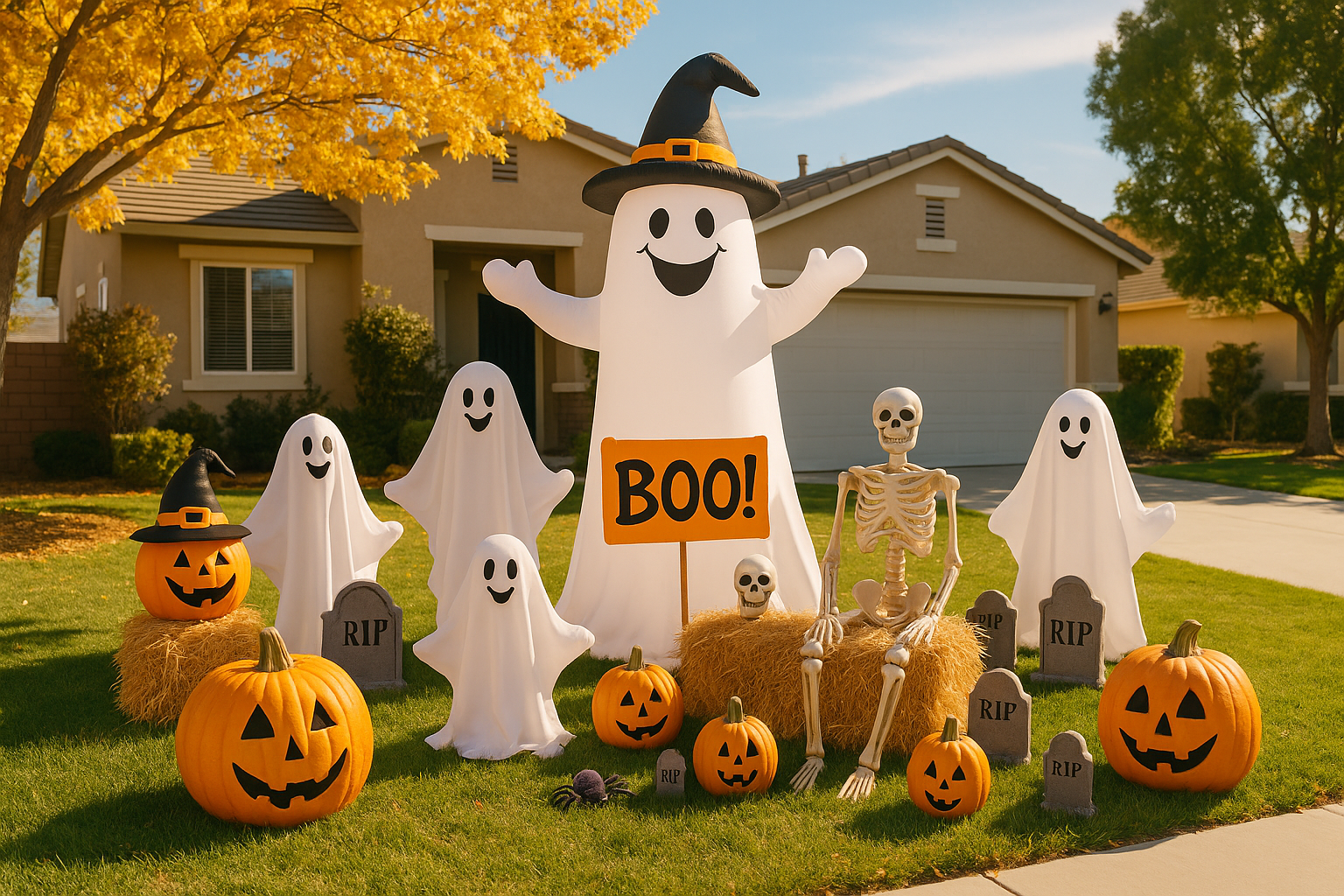Top LA Neighborhoods for Halloween Displays A family-friendly Halloween display in Santa Clarita with spooky but gentle decorations suitable for kids, showing a welcoming and joyful neighborhood Halloween celebration.