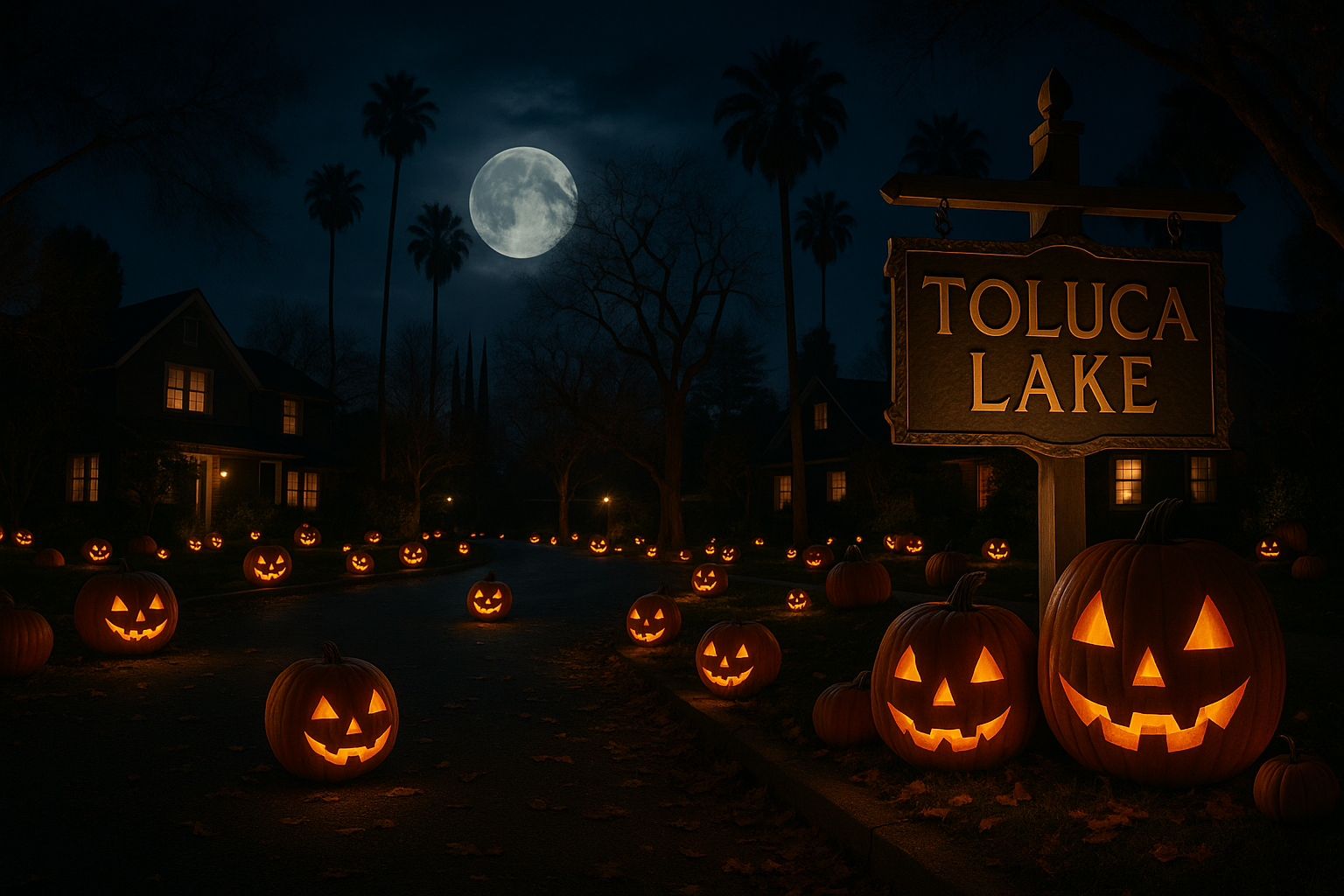 Top LA Neighborhoods for Halloween Displays Toluca Lake neighborhood at night filled with glowing jack-o-lanterns and large pumpkins, with a spooky yet whimsical atmosphere resembling a Tim Burton movie.