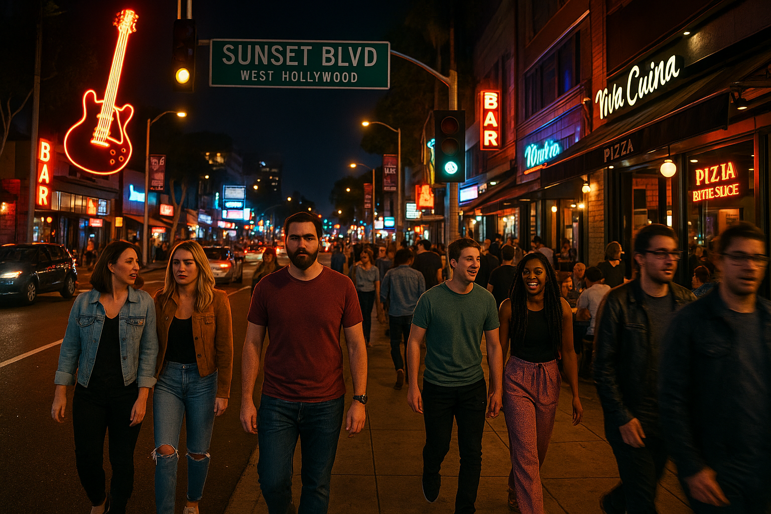 A vibrant street scene from West Hollywood's Sunset Boulevard at night, showing people walking, nightlife, shops, and restaurants.