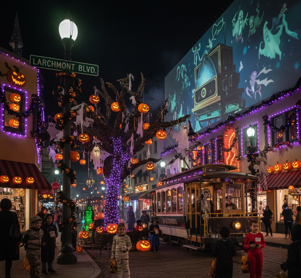Top LA Neighborhoods for Halloween Displays Larchmont & Hancock Park streets decorated with elegant, vintage Hollywood glam Halloween decorations featuring gothic novel-inspired spooky and sophisticated elements.
