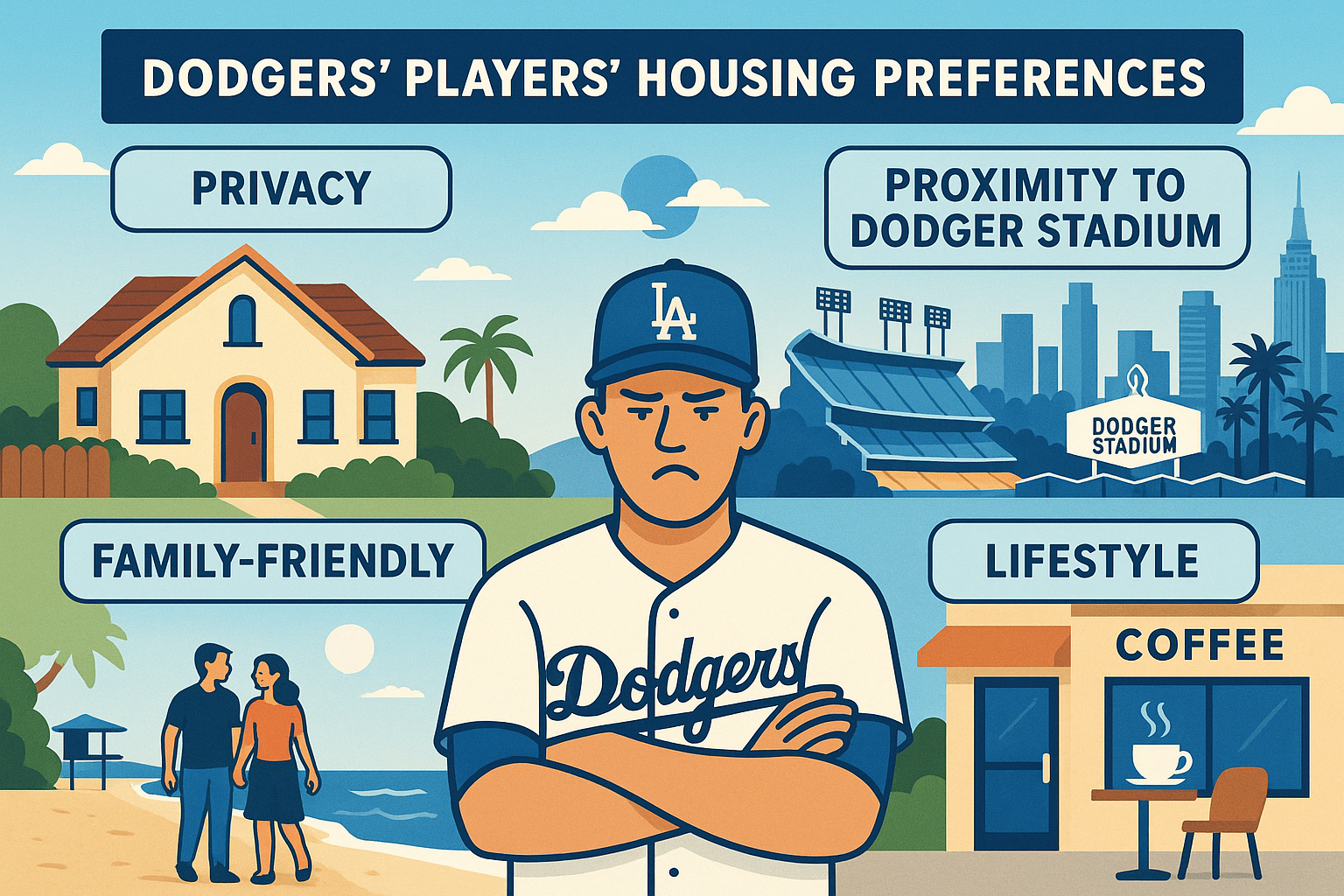 Illustration showing the factors influencing Dodgers players' housing choices such as privacy, proximity to Dodger Stadium, family-friendliness, and lifestyle elements like beaches and coffee shops.