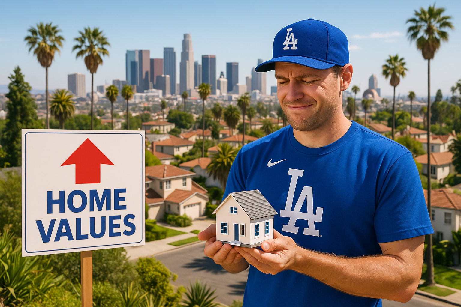 Visual representation of the Dodgers' positive impact on Los Angeles neighborhoods, featuring rising home values, community pride, and a blend of sports and celebrity culture.