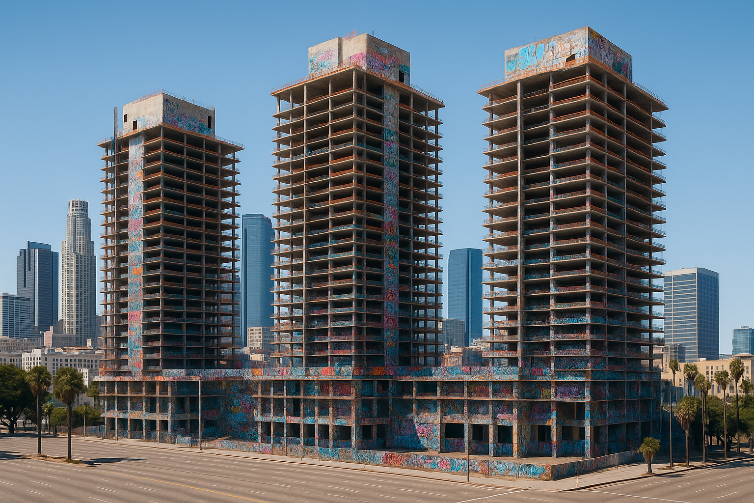 A wide shot of the half-built Oceanwide Plaza skyscrapers in downtown Los Angeles, prominently covered in colorful graffiti, showcasing the current state of the 'Graffiti Towers.'